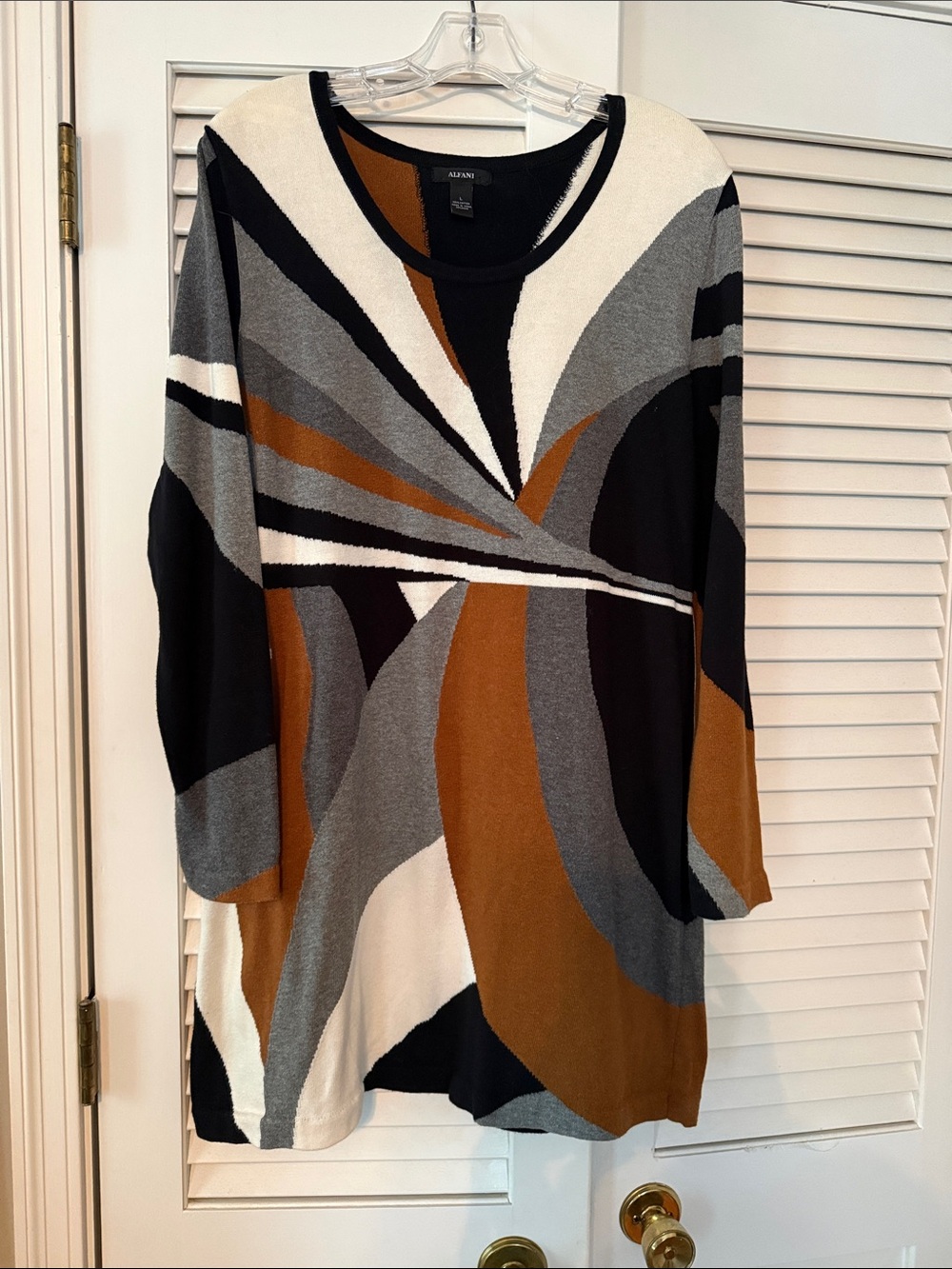 Alfani Long Sleeve Geometric Knit Tunic Dress in Black, Gray, White & Brown
